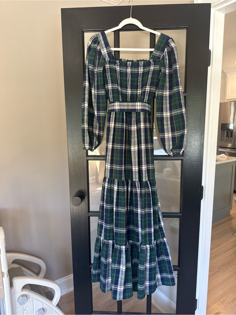Red Dress- Holiday Green and Navy Plaid Tiered Long Dress - Women